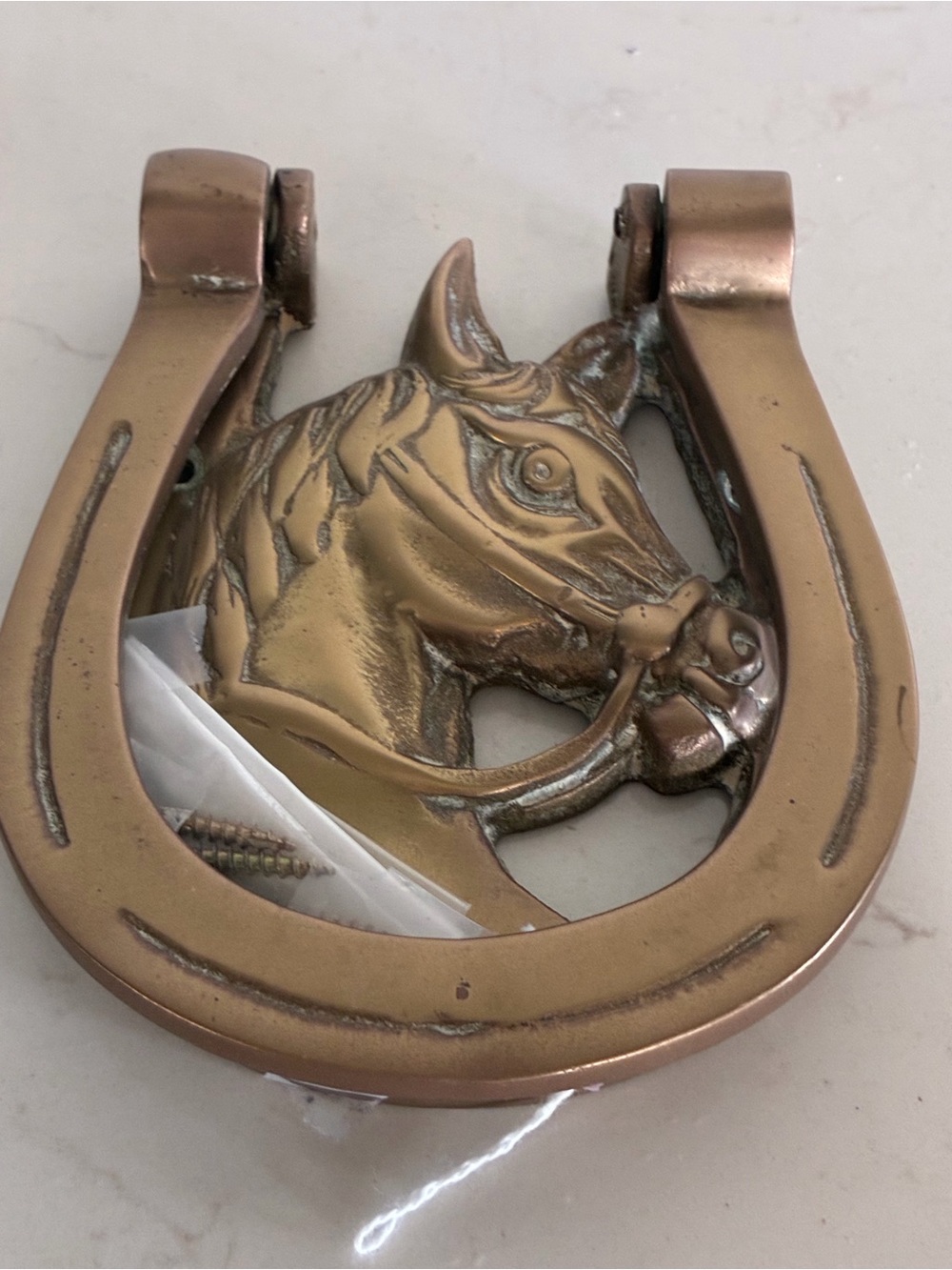 Vintage Brass Horse Head Horseshoe Door Knocker - Antique Brass Finish